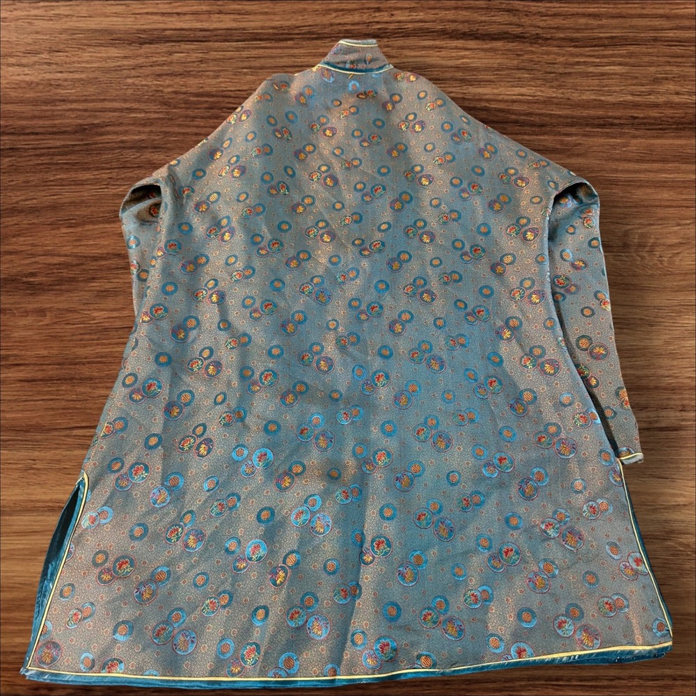 Vintage Asian‎ Inspired Jacket Robe Teal Blue Circle Pattern Frog Closures - Picture 6 of 6
